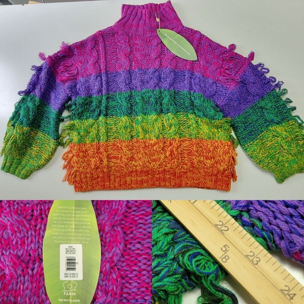 46" FARM Rio $250 NEW RAINBOW FRINGE OVERSIZED WOVEN SWEATER XS FITS L XL NWT